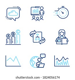 Education icons set. Included icon as Timer, Line chart, Technical algorithm signs. Cloud communication, Investment, Graph chart symbols. Presentation, Woman read line icons. Line icons set. Vector