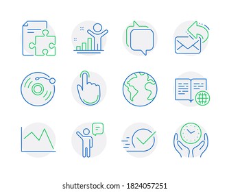 Education icons set. Included icon as Share mail, Internet book, World planet signs. Agent, Winner, Line chart symbols. Checkbox, Vinyl record, Messenger. Strategy, Hand click, Safe time. Vector