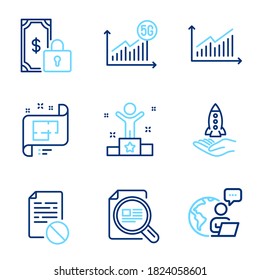 Education icons set. Included icon as Private payment, Wrong file, Architectural plan signs. Winner, Check article, Graph symbols. Crowdfunding, 5g statistics line icons. Line icons set. Vector