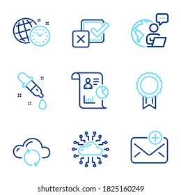 Education icons set. Included icon as Reward, Cloud network, Chemistry pipette signs. New mail, Time management, Report symbols. Checkbox, Cloud sync line icons. Best medal, Online storage. Vector