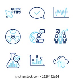 Education icons set. Included icon as Cloud sync, Survey results, Business statistics signs. Chemistry lab, Quick tips, Chemical hazard symbols. Stock analysis, Approved message. Vector