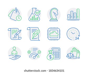 Education icons set. Included icon as Time management, Chemistry lab, Agreement document signs. Feather, Finance calculator, Cloud computing symbols. Marketing strategy, Graph chart. Vector