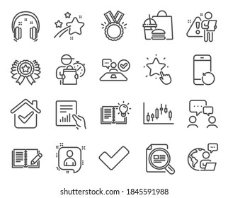 Education icons set. Included icon as Candlestick graph, Check article, People chatting signs. Winner ribbon, Ranking star, Feedback symbols. Job interview, Developers chat, Headphones. Vector