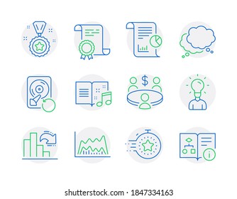 Education icons set. Included icon as Winner reward, Timer, Music book signs. Decreasing graph, Speech bubble, Education symbols. Report, Trade chart, Recovery hdd. Certificate, Meeting. Vector