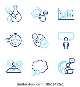 Education icons set. Included icon as Timer, Chemistry experiment, Statistics signs. Talk bubble, Financial diagram, Customer satisfaction symbols. Consulting business, Job interview. Vector