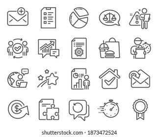 Education icons set. Included icon as Pie chart, Approved teamwork, Business report signs. Receive mail, Technical documentation, Strategy symbols. Reward, Timer, Justice scales. Checklist. Vector