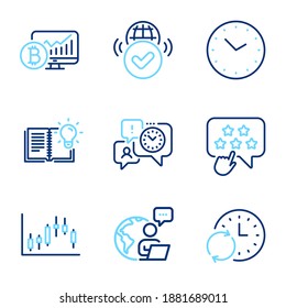 Education Icons Set. Included Icon As Bitcoin Chart, Update Time, Time Management Signs. Product Knowledge, Ranking Star, Verified Internet Symbols. Candlestick Graph Line Icons. Vector