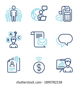 Education icons set. Included icon as Presentation board, Group, Talk bubble signs. Contactless payment, Mail letter, Quiz test symbols. Interview documents, Bill accounting line icons. Vector