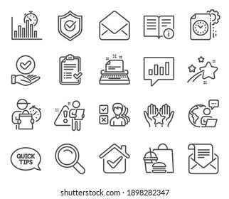 Education Icons Set. Included Icon As Typewriter, Ranking, Mail Signs. Technical Info, Opinion, Mail Newsletter Symbols. Approved Shield, Report Timer, Search. Project Deadline Line Icons. Vector