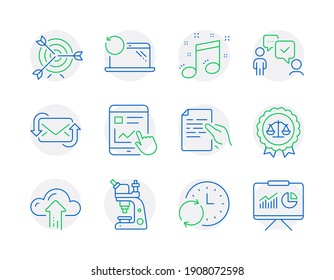 Education Icons Set. Included Icon As Internet Report, Justice Scales, Microscope Signs. Recovery Laptop, Cloud Upload, Consulting Business Symbols. Update Time, Hold Document, Target. Vector