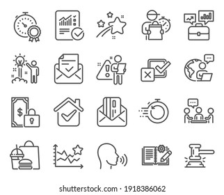 Education icons set. Included icon as Business portfolio, Engineering documentation, Private payment signs. Best result, Judge hammer, Ranking stars symbols. Approved mail, Human sing. Vector