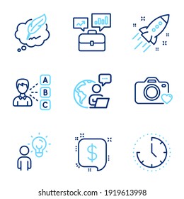 Education icons set. Included icon as Time, Business portfolio, Group people signs. Opinion, Photo camera, Payment message symbols. Copyright chat, Startup rocket line icons. Line icons set. Vector