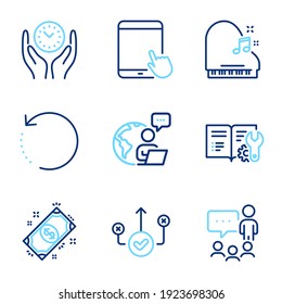 Education icons set. Included icon as People chatting, Safe time, Piano signs. Recovery data, Correct way, Tablet pc symbols. Payment, Engineering documentation line icons. Line icons set. Vector