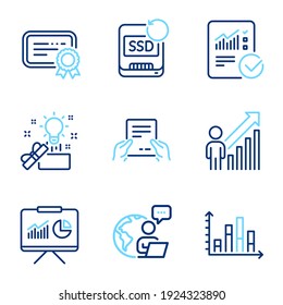 Education icons set. Included icon as Checked calculation, Recovery ssd, Certificate signs. Creative idea, Diagram graph, Receive file symbols. Presentation, Employee result line icons. Vector