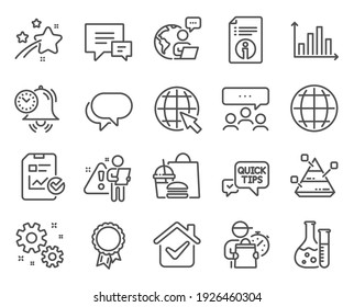Education icons set. Included icon as Chemistry lab, Globe, Meeting signs. Internet, Diagram graph, Talk bubble symbols. Time management, Work, Report checklist. Technical info, Success. Vector