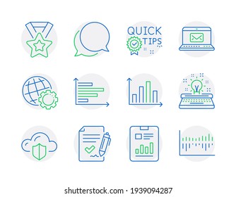 Education icons set. Included icon as Diagram graph, Globe, Quick tips signs. Vector