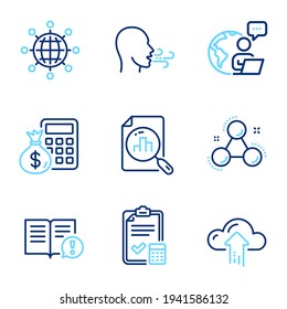 Education Icons Set. Included Icon As Cloud Upload, Analytics Graph, Finance Calculator Signs. Vector