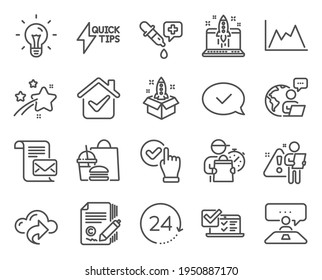 Education icons set. Included icon as Mail letter, Start business, 24 hours signs. Approved message, Startup, Chemistry pipette symbols. Interview job, Checkbox, Online survey. Diagram. Vector