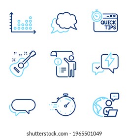 Education icons set. Included icon as Manual doc, Dot plot, Timer signs. Messenger, Quick tips, Chat message symbols. Guitar, Lightning bolt line icons. Project info, Presentation graph. Vector