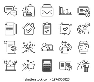 Education icons set. Included icon as Certificate, Copy documents, Phone survey signs. Creativity concept, Confirmed, Help symbols. Startup concept, Calculator, Histogram. Online education. Vector