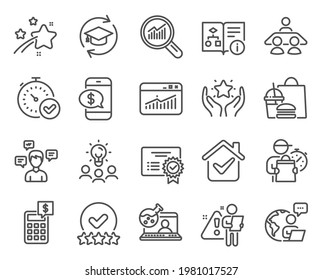 Education icons set. Included icon as Calculator, Phone payment, Fast verification signs. Business idea, Data analysis, Website statistics symbols. Certificate, Rating stars, Ranking. Vector