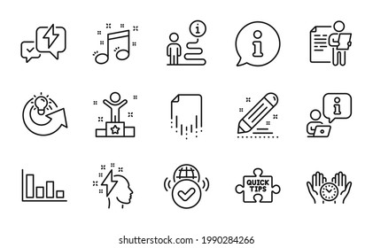Education icons set. Included icon as Safe time, Job interview, Quick tips signs. Winner, Lightning bolt, Share idea symbols. Recovery file, Verified internet, Brand contract. Histogram. Vector