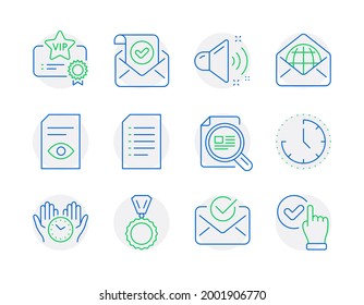 Education icons set. Included icon as Document, Time, Medal signs. Approved mail, View document, Web mail symbols. Safe time, Loud sound, Check article. Vip certificate, Checkbox. Vector