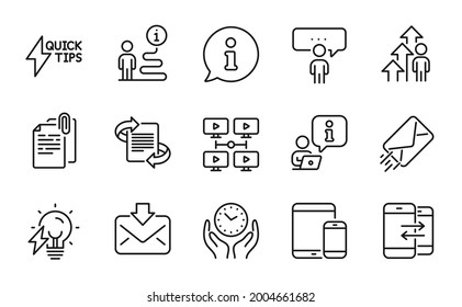 Education Icons Set. Included Icon As Marketing, Phone Communication, Mobile Devices Signs. E-mail, Document Attachment, Safe Time Symbols. Consulting Business, Employee Result Line Icons. Vector