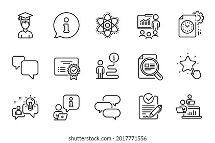 Education icons set. Included icon as Student, Teamwork, Chemistry atom signs. Idea, Talk bubble, Certificate symbols. Project deadline, Speech bubble, Presentation. Rfp, Check article. Vector