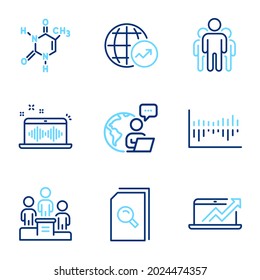 Education icons set. Included icon as Sales diagram, Music making, Group signs. Search files, World statistics, Chemical formula symbols. Column diagram, Business podium line icons. Vector