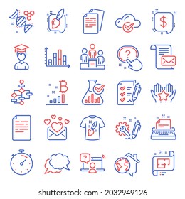 Education icons set. Included icon as Diagram graph, Business podium, Mail letter signs. Chat message, T-shirt design, Timer symbols. Documents, Work home, Bitcoin graph. Document, Ranking. Vector