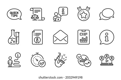 Education Icons Set. Included Icon As Technical Info, Chemistry Lab, Ranking Star Signs. Video Conference, Fast Verification , Messenger Symbols. Report Document, Mail, Legal Documents. Vector