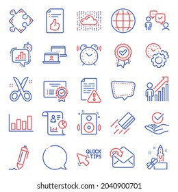 Education icons set. Included icon as Approved document, Report, Instruction manual signs. Quick tips, Outsource work, Consulting business symbols. Credit card, Receive mail, Signature. Vector
