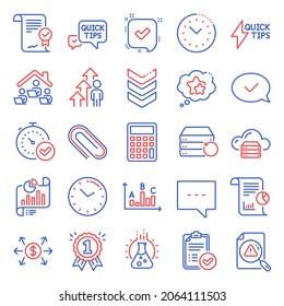 Education icons set. Included icon as Search document, Approved agreement, Quick tips signs. Dollar exchange, Blog, Shoulder strap symbols. Approved report, Recovery server, Confirmed. Vector