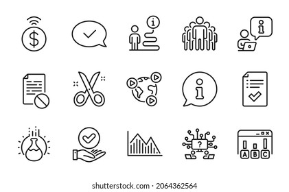 Education Icons Set. Included Icon As Survey Results, Teamwork Question, Approved Message Signs. Investment Graph, Group, Chemistry Experiment Symbols. Wrong File, Scissors Line Icons. Vector