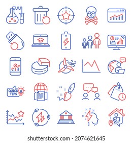 Education icons set. Included icon as Analytics graph, Flash memory, Smartphone statistics signs. Internet documents, Website statistics, Time management symbols. Windmill turbine. Vector
