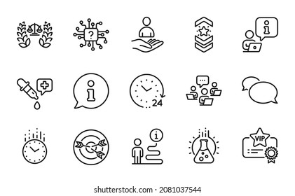Education icons set. Included icon as Targeting, Artificial intelligence, Shoulder strap signs. Teamwork, 24 hours, Chemistry pipette symbols. Time, Vip certificate, Recruitment. Messenger. Vector