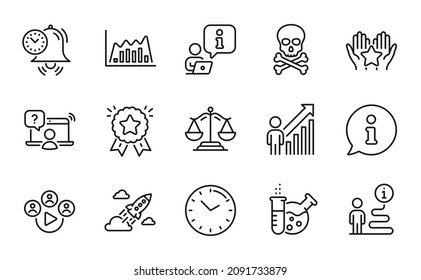 Education icons set. Included icon as Video conference, Infographic graph, Chemistry lab signs. Chemical hazard, Startup rocket, Justice scales symbols. Employee result, Online question. Vector