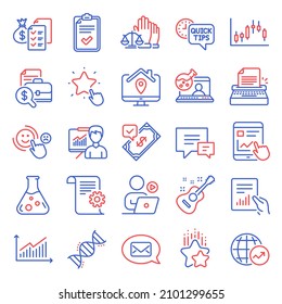 Education icons set. Included icon as Ranking star, Graph, Video conference signs. Accounting report, Work home, Messenger symbols. Accepted payment, Online chemistry, Quick tips. Guitar. Vector