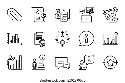 Education icons set. Included icon as Efficacy, Video conference, Accounting wealth signs. Business way, Diagram graph, Certificate symbols. Comment, Paper clip, Business portfolio. Report. Vector