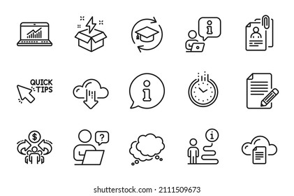 Education icons set. Included icon as Online statistics, Interview documents, Creative idea signs. Quick tips, Continuing education, File storage symbols. Sharing economy, Article, Time. Vector