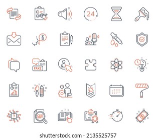 Education icons set. Included icon as Time management, Marketing and Checklist web elements. Time, Incoming mail, Clipboard icons. Messenger, Artificial intelligence, Certificate web signs. Vector