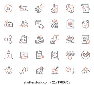 Education icons set. Included icon as Chemical formula, Target goal and Video conference web elements. Good mood, Correct checkbox, Teamwork question icons. Group people, Approved report. Vector