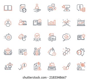 Education icons set. Included icon as Approved group, Copyright and Timer web elements. Product knowledge, Winner, Book icons. Instruction info, Brush, Difficult stress web signs. Vector