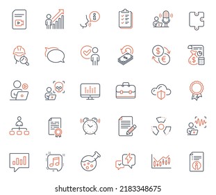 Education Icons Set. Included Icon As Musical Note, Verification Person And Financial Diagram Web Elements. Certificate Diploma, Lightning Bolt, Puzzle Icons. Technical Info, Accounting. Vector