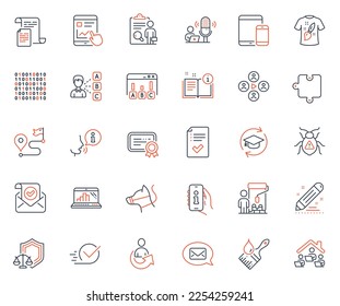 Education icons set. Included icon as Software bug, Continuing education and Mobile devices web elements. Brush, Binary code, Painter icons. Graph laptop, Approved checklist, Support web signs. Vector