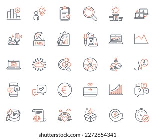 Education icons set. Included icon as Approve, Contactless payment and Dollar exchange web elements. Line chart, Decreasing graph, Fast verification icons. Creative idea, Fake news. Vector