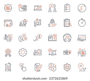 Education icons set. Included icon as Oil barrel, Accounting wealth and Report statistics web elements. Confirmed, Education idea, Sales diagram icons. Video conference, Headphones. Vector