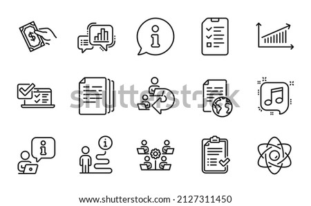 Education icons set. Included icon as Musical note, Atom core, Online survey signs. Internet document, Chart, Teamwork symbols. Delegate work, Graph chart, Copy documents. Interview. Vector