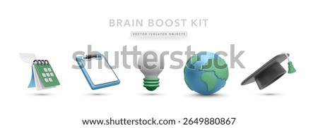 Education Icons Set Including Globe, Calendar, Clipboard, Graduation Cap, And Lightbulb In Clean 3D Style. Ideal For Global Learning Concepts. Vector Illustration.